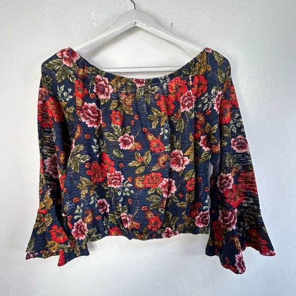 Haute Project Womens Floral Boho Bell Sleeve Cropped Top Blouse Large Navy/Red - Picture 2 of 8